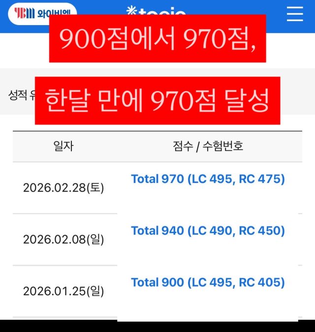 성적 조회 화면: 900점에서 한 달 만에 970점 달성