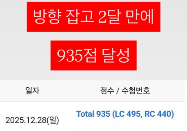 성적 조회 화면: 방향 잡고 2달 만에 935점 달성